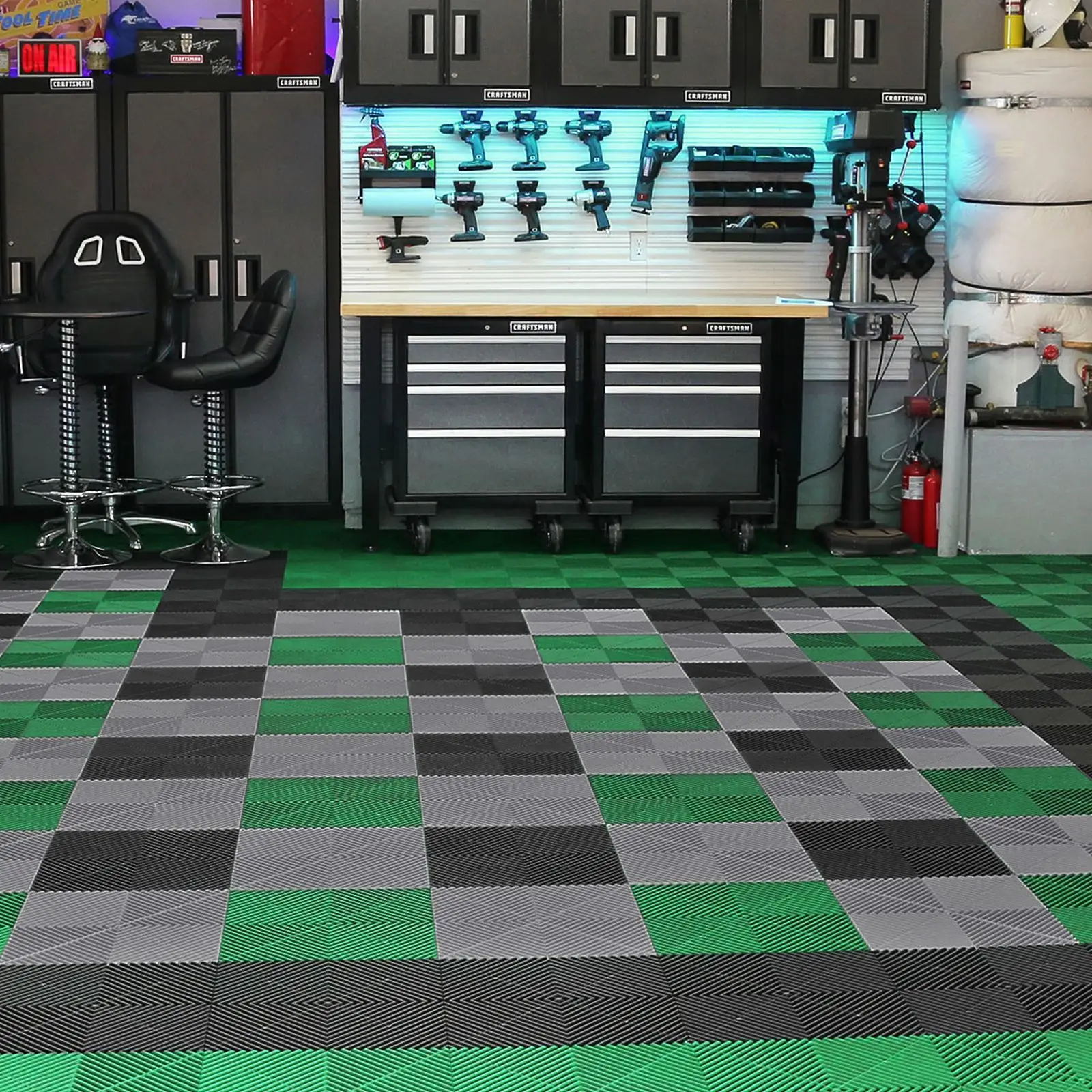 Interlocking Drainage Mat, 12' x 12' Modular Cushion, 50 Pcs Splicing, Non-Slip Black PP Floor Tile and Shower, for Garage