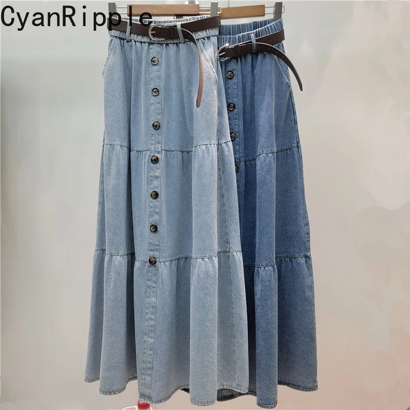 2026 New Spring Summer Elegant Denim Umbrella Skirt All-match Elastic Waist Single-breasted Mid-length Casual A-line Skirts