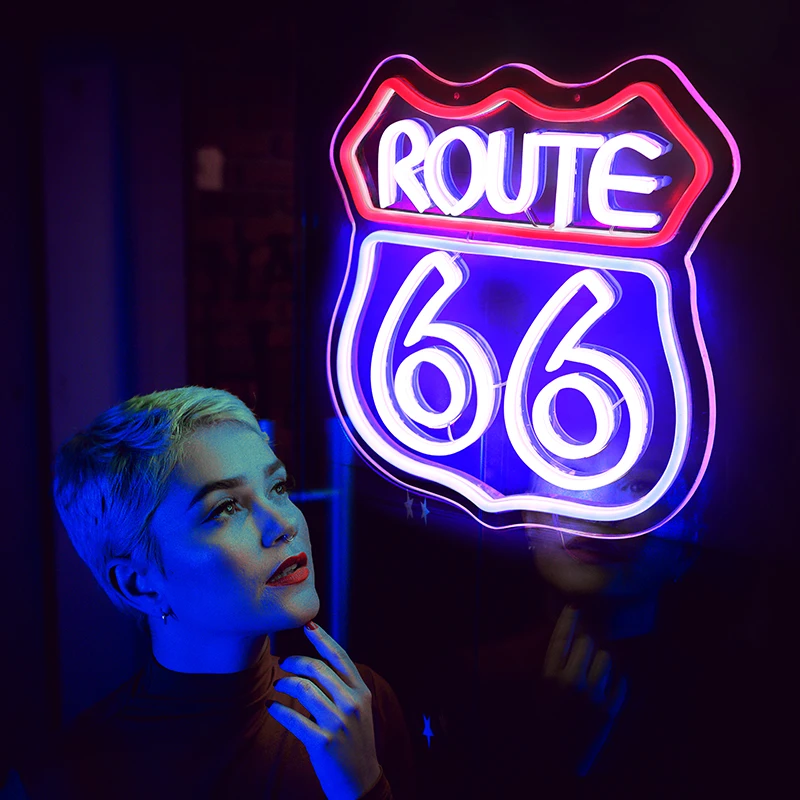 CHUANGQI   Route 66 Neon Sign Beer Bar Home Art Man Cave Neon Light Handmade with Dimmable LED Neon Lights Signs for Bedroom