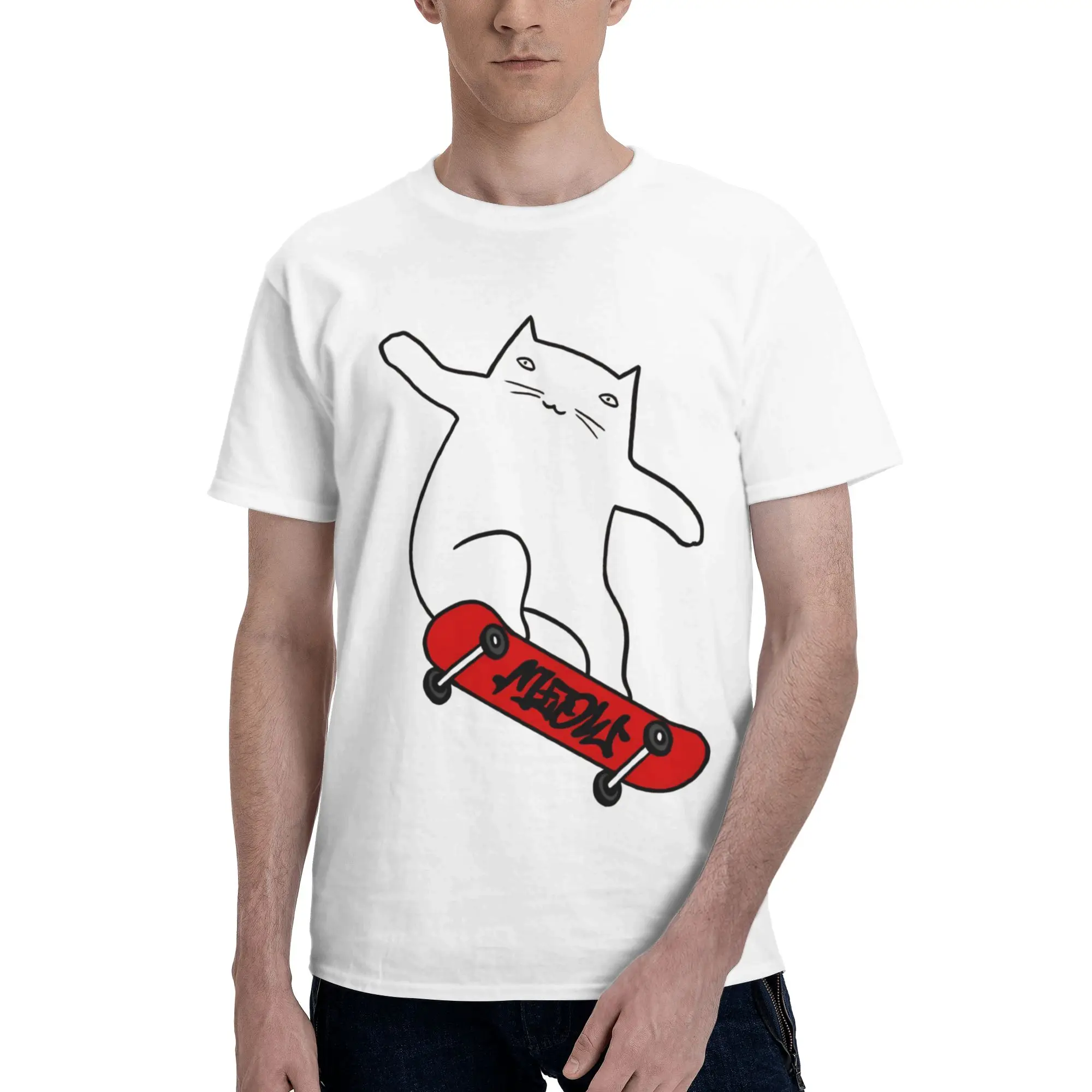 Skateboard trick cat Men T Shirts Skateboard Awesome Tee Shirt Short Sleeve O Neck Cotton New Arrival Clothes T-Shirt