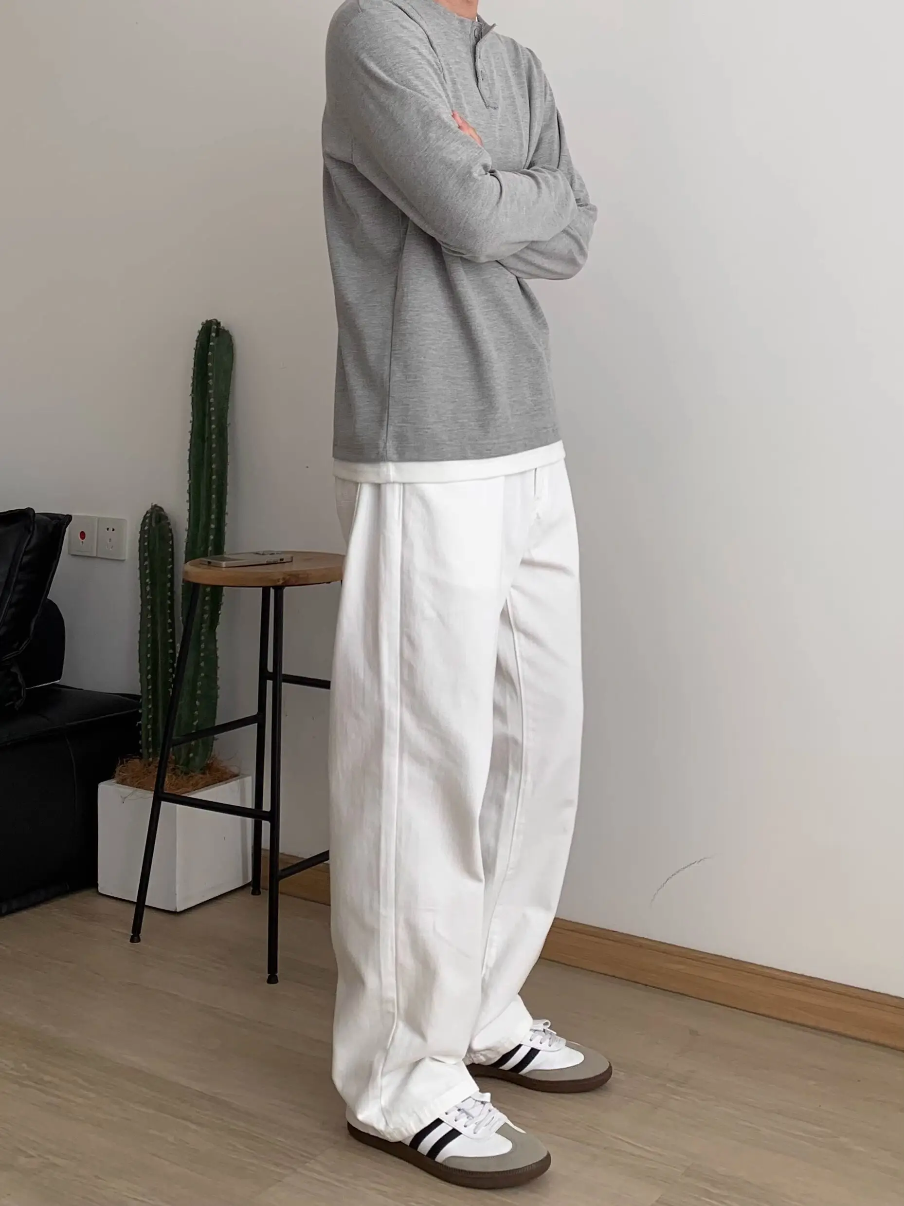 American High Street Vibe White Simple Basic Men's Jeans Loose Straight Wide Leg Draping Daily Commuting Casual Pants