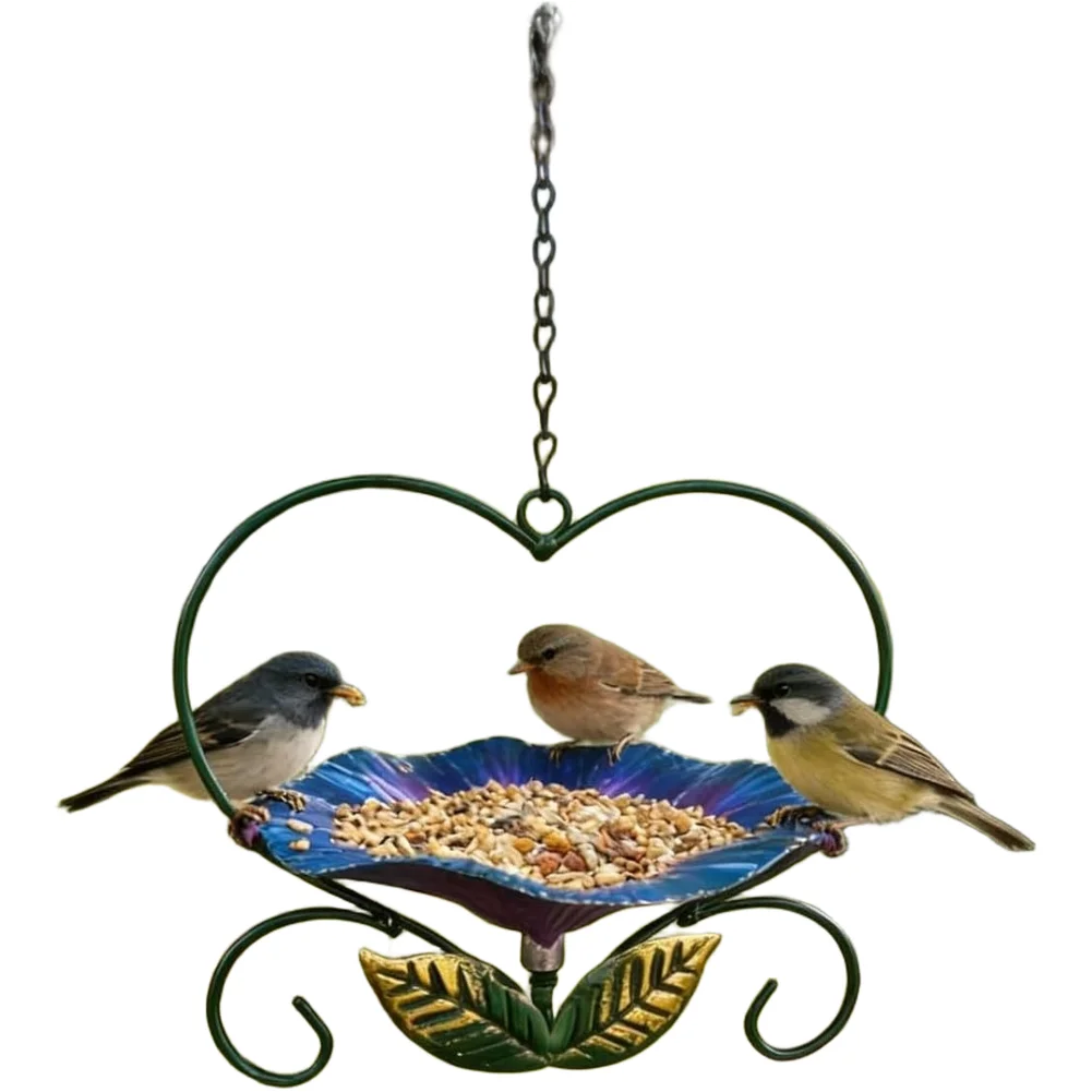 Heart Shaped Wrought Iron Bird Feeder With Floral Accents All Weather Hanging Tray For Garden Patio Outdoor Decor Green Purple O