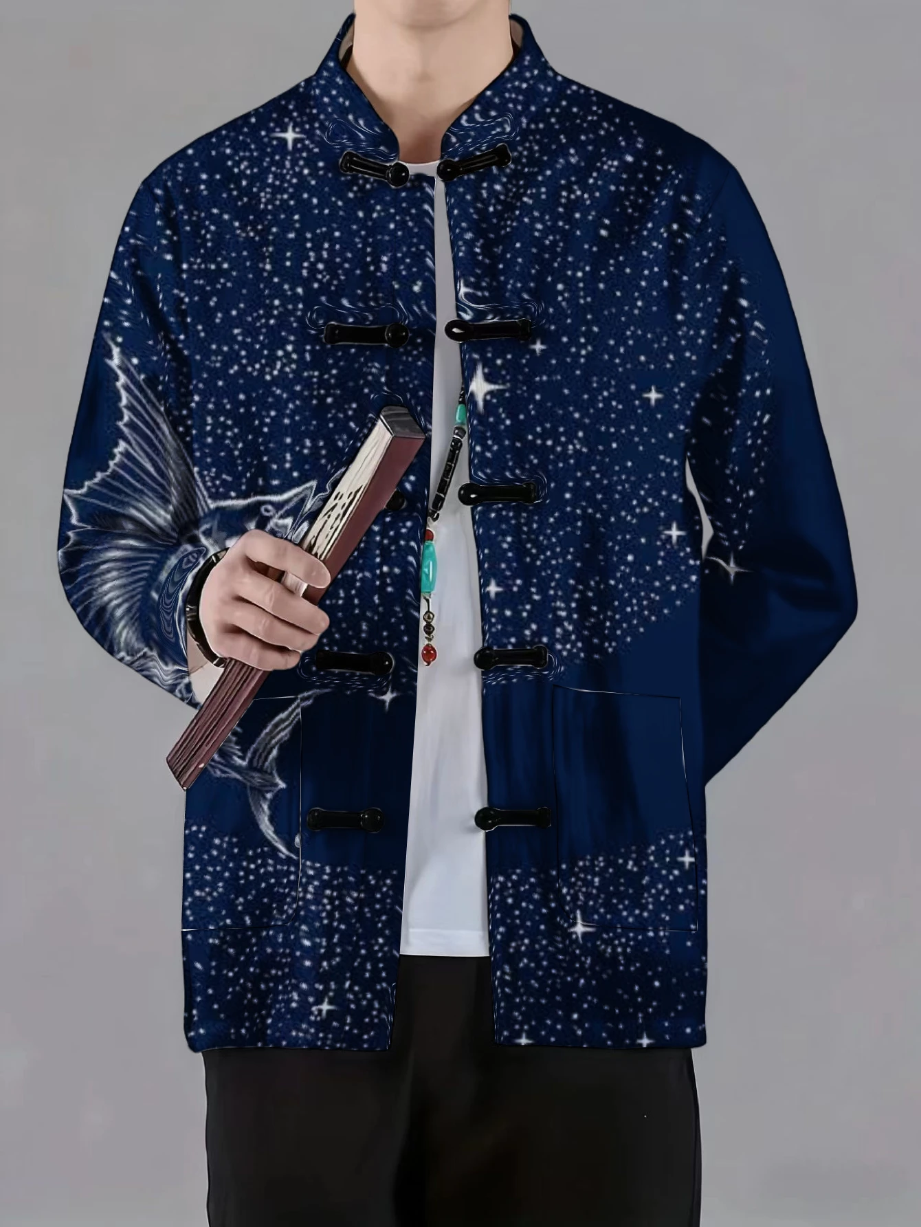 Men Mandarin Collar Frog Button Jacket Lotus Koi Star Rose Spot Art Print Traditional Outerwear