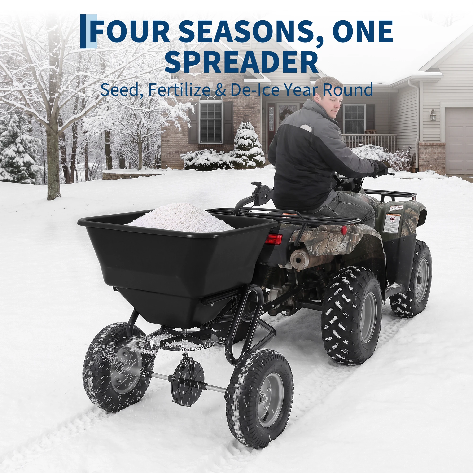 100 Lbs Tow-Behind Broadcast Spreader for Lawn & Garden Fertilizer, Seed & Ice Melt, 45L Heavy-Duty Carbon Steel, Pneumatic Wheels, Adjustable Current