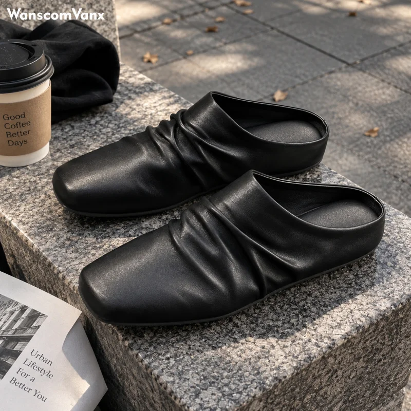 2026 Pleat Leather Half Shoes for Men Mules Backless Loafers Slippers Semi Drag Casual Male Slides Outdoor Slip On Flats
