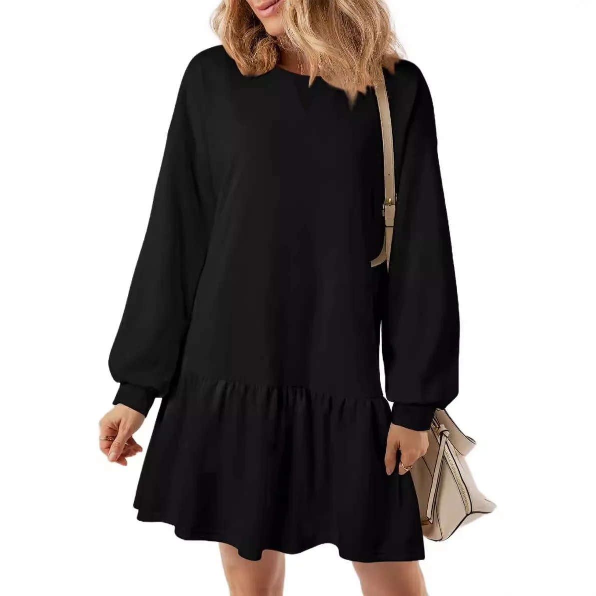

2025 Autumn New Long-sleeved Pullover Ruffled Knitted Splicing Casual Loose Mini Skirt Vestidos De Mujer