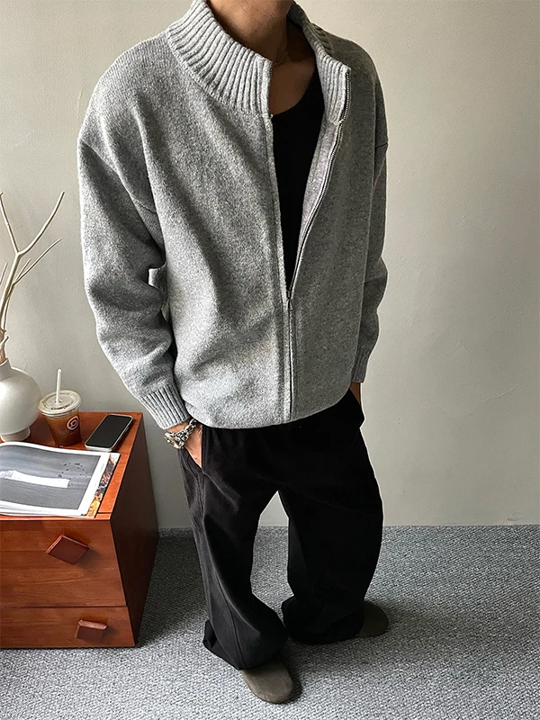 

Американский ретро-свитер с двойной молнией и текстурой, открытый кардиган, мужской осенне-зимний ленивый свитер, высококачественный вязаный воротник-стойка...