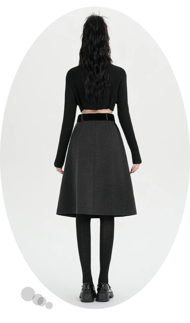 Hochgeschnittener Rock für Damen, Herbst/Winter 2026, Neuheit, Wollrock für Damen, Grau oder Schwarz, A-Linien-Rock für Damen mit Gürtel, Bestseller – Detail 13
