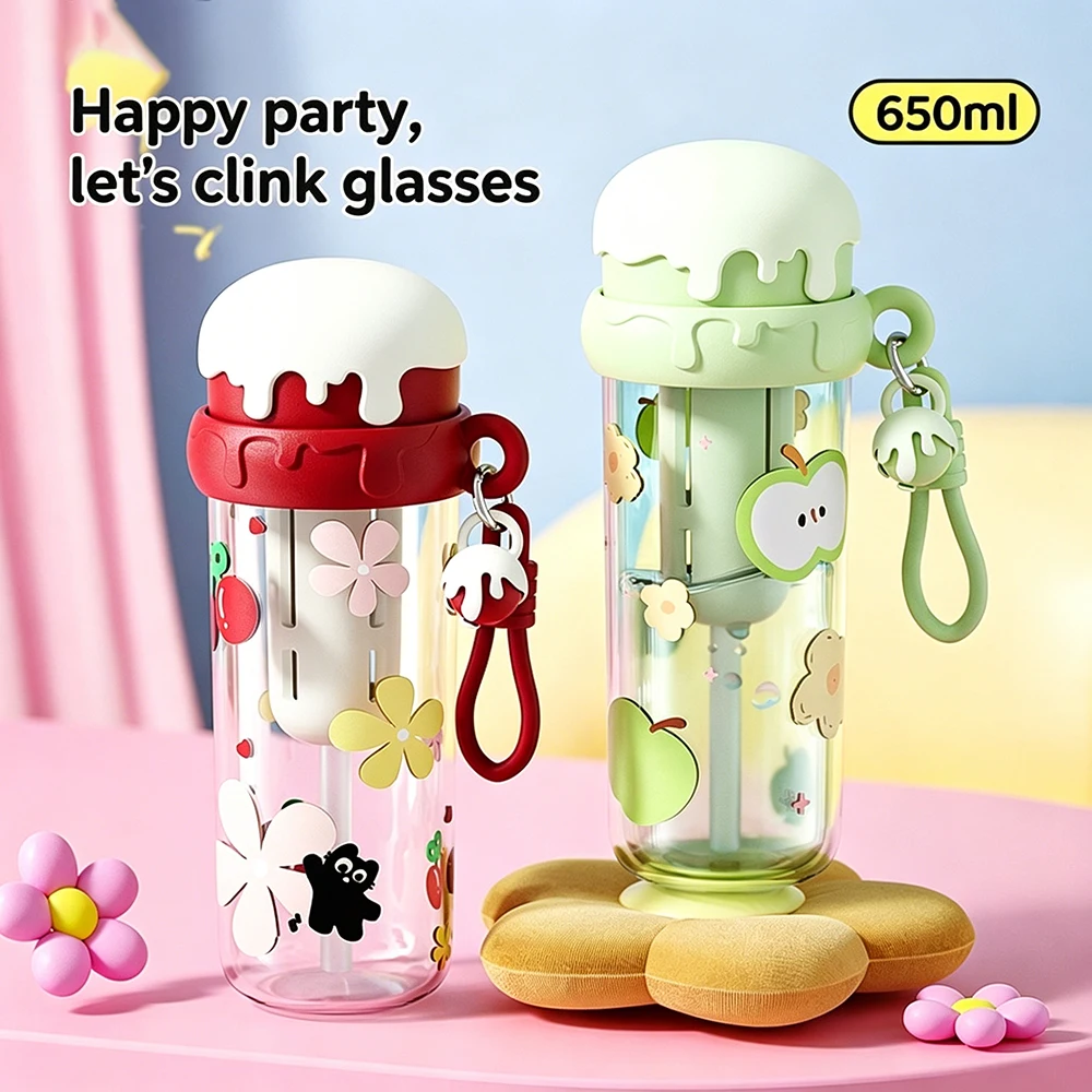 Cute Ice Cream Straw Water Bottle 650ml With Tea Infuser Leakproof Plastic Portable Cup With Strap School Office Travel Outdoor