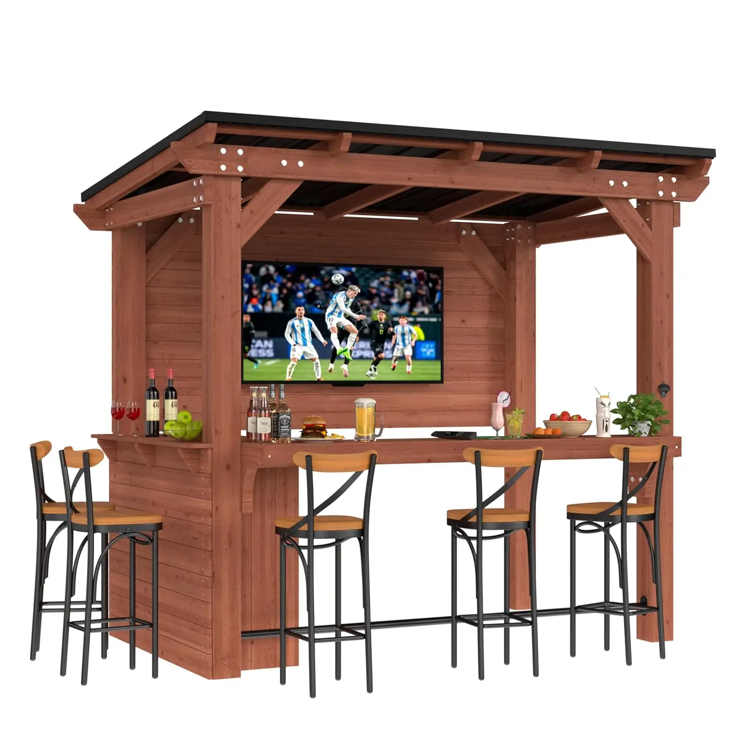 6x8.5 FT Outdoor Entertainment Bar Center with Metal Sloped Roof, Customized