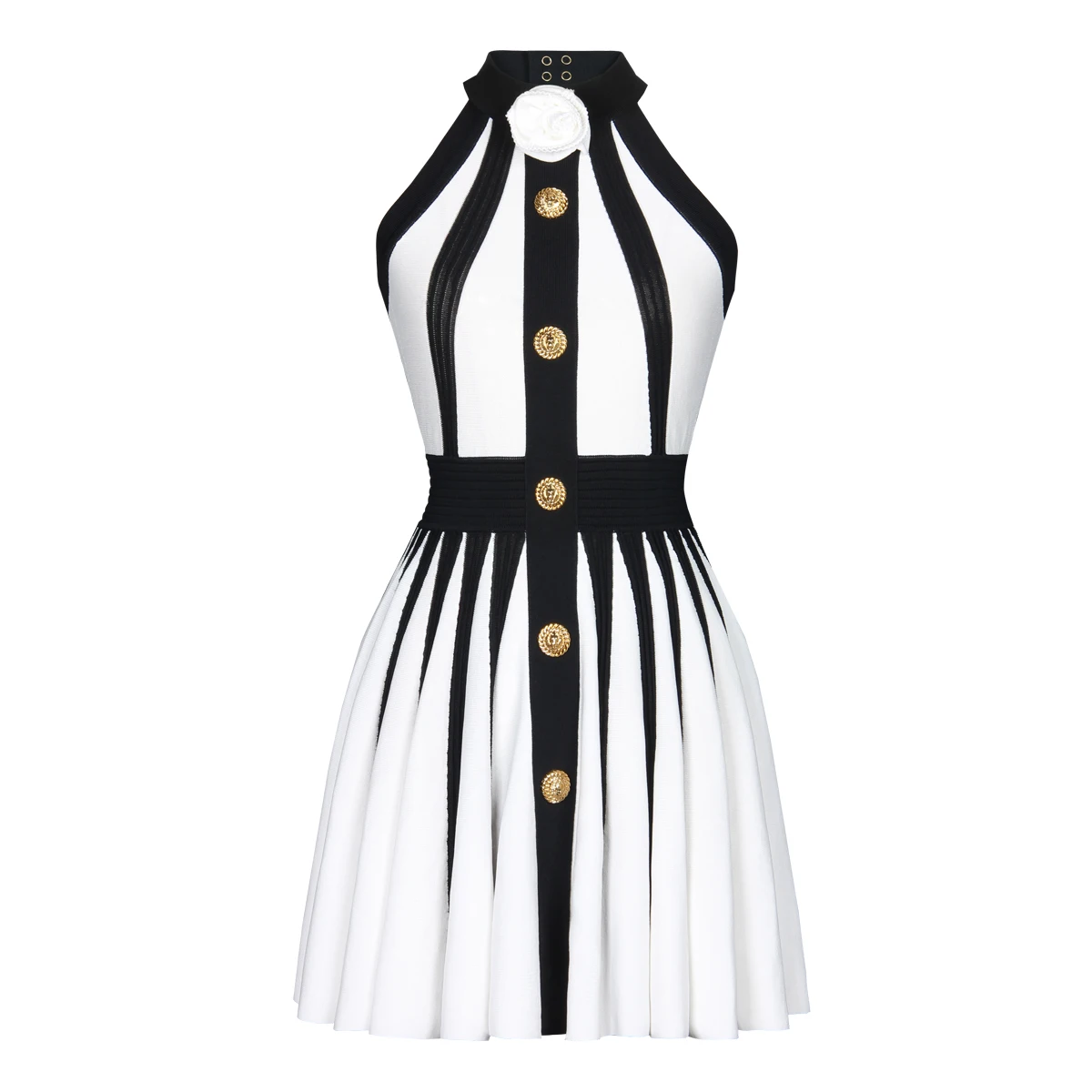 Letnia sukienka bez rękawów w stylu europejskim i amerykańskim, dopasowana, dzianinowa, z dekoltem typu halter, z plisowaną spódnicą z zamkiem błyskawicznym z tyłu.