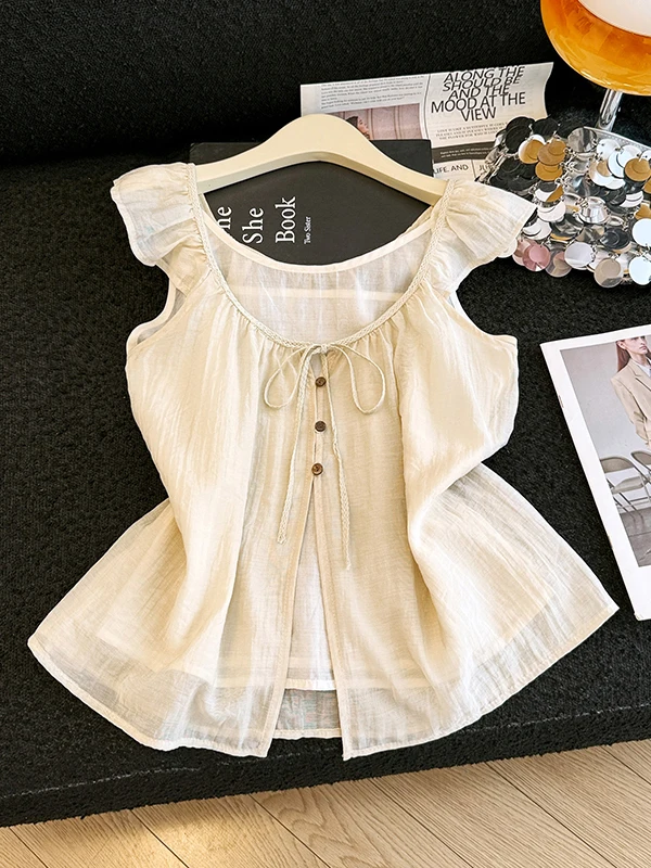 Korean Style Lazy  Color Pleated Sleeveless V-Neck Vest Women Summer New Atmosphere Layering Belt Two-Piece Set