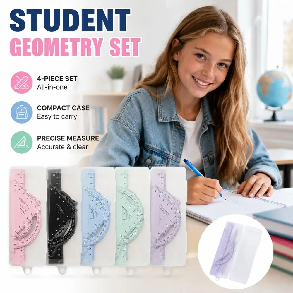 4 Pcs Flexible Aluminum Geometry Set Math Ruler Set Straight Ruler Triangle Rulers 180 Degree Protractor with Portable Case