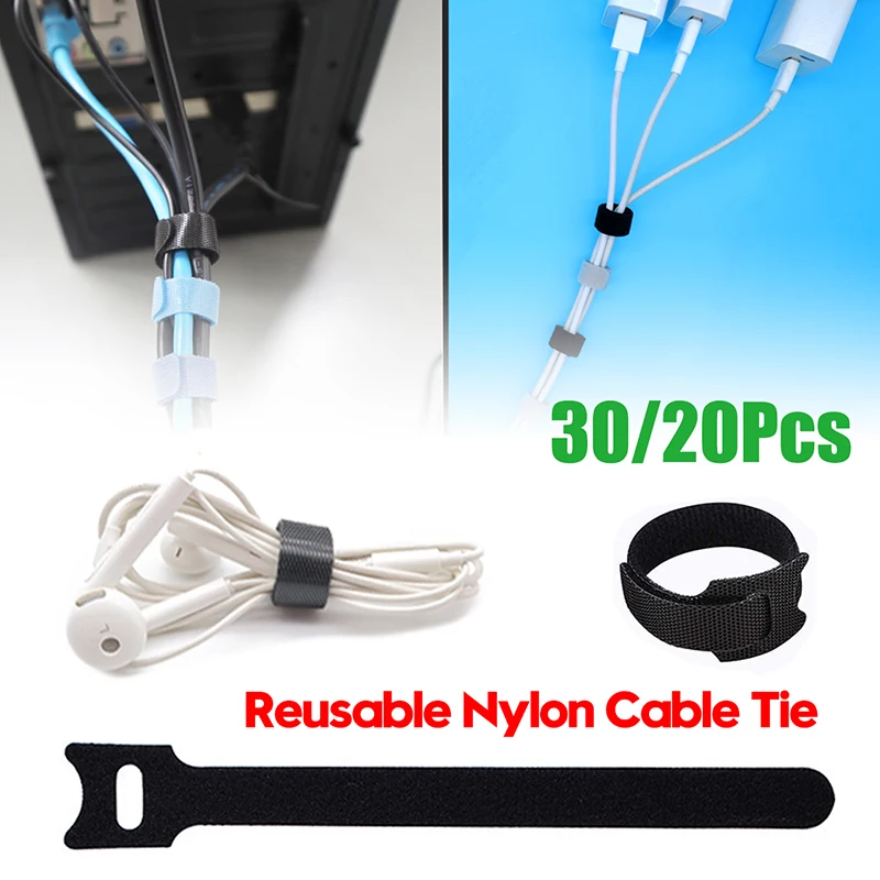 

30pcs/20pcs Releasable Cable Ties Plastics Nylon Hook Loop Wrap Zip Bundle Fastener Straps Detachable T-type Wire Organizer