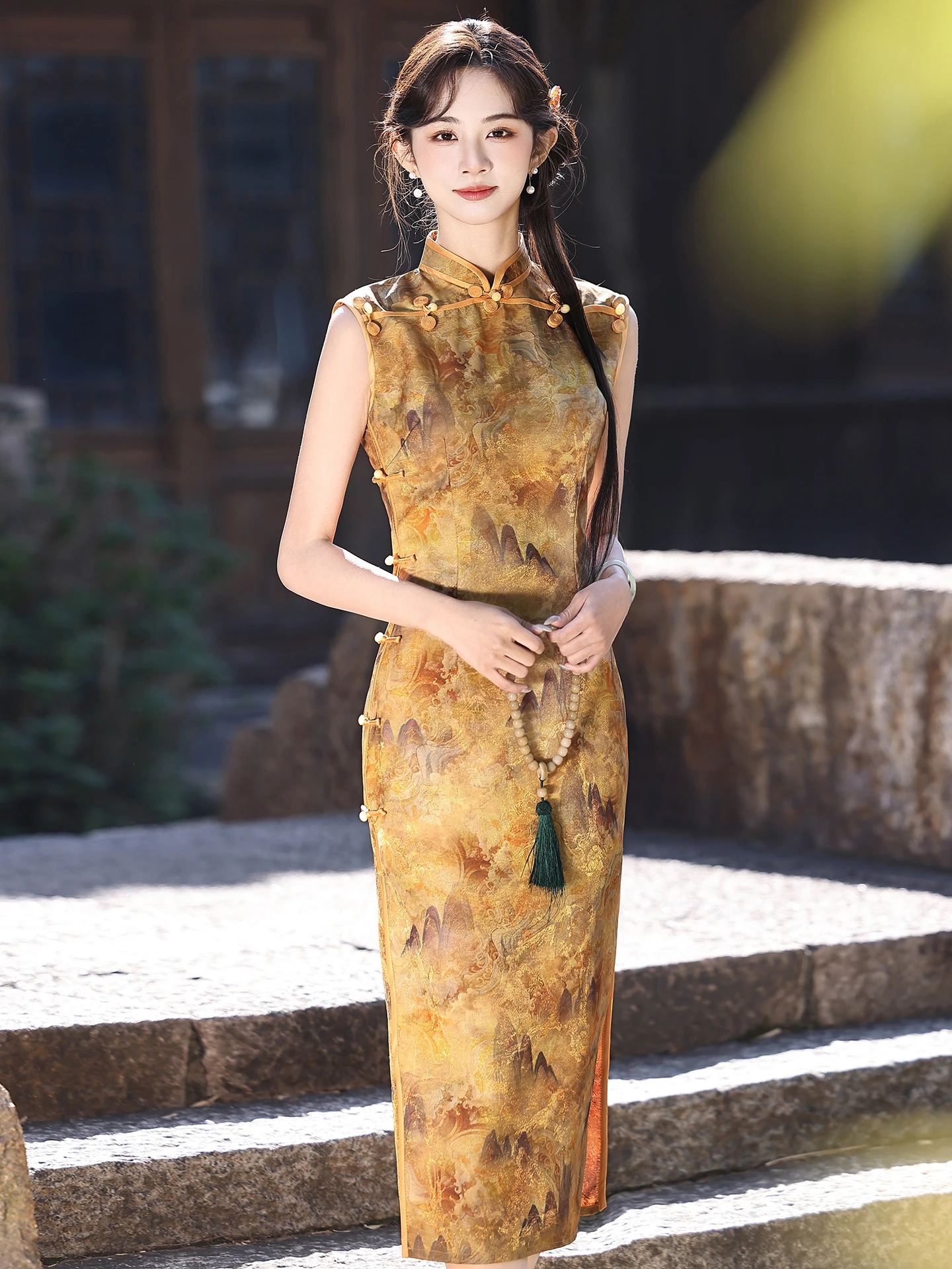 

Желтое летнее новое китайское платье-ципао 2026 года, офисное, элитное, из легкого шелка, длинное, для женщин