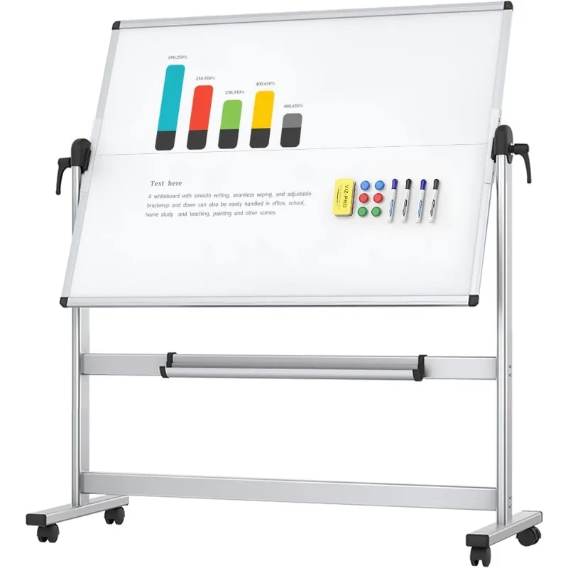

Double-Sided Mobile Whiteboard, 48 x 36 Inches, Magnetic Rolling Dry Erase White Board on Wheels with Aluminium Frame and Stand