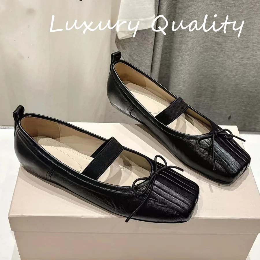 2024 New Women's Ballet Flat Shoe casual shoes Genuine leather material Square head Solid Color Bow decoration