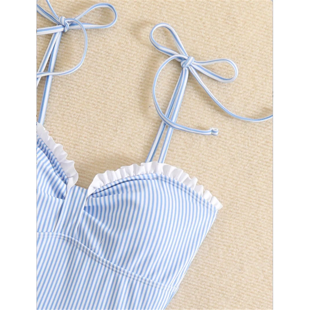S - XL Neuer, sexy, gestreifter, geraffter, trägerloser Damen-Badeanzug, einteiliger Badeanzug, Damen-Monokini, gepolsterter Badeanzug, Badebekleidung, Schwimmanzug V6949 – Detail 12