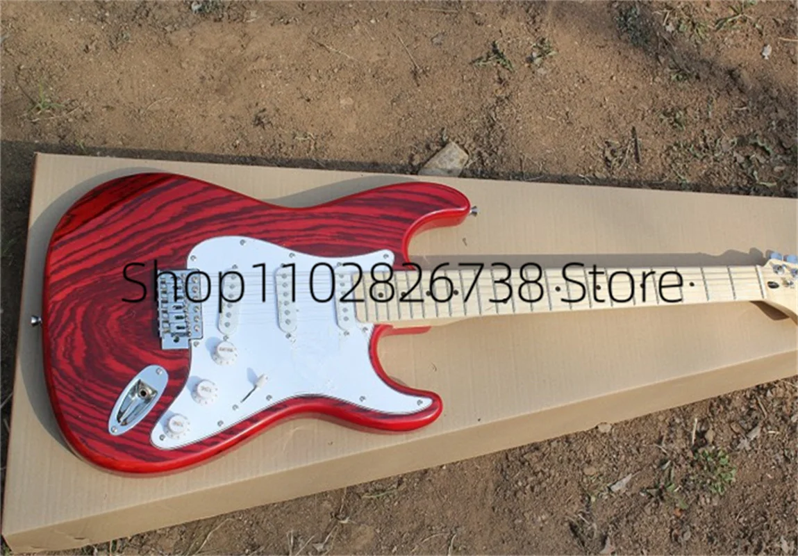 

Stra Electric Guitar Red Body Zebra-stripe Top SSS White Guard Maple Fingerbard Factory Custom