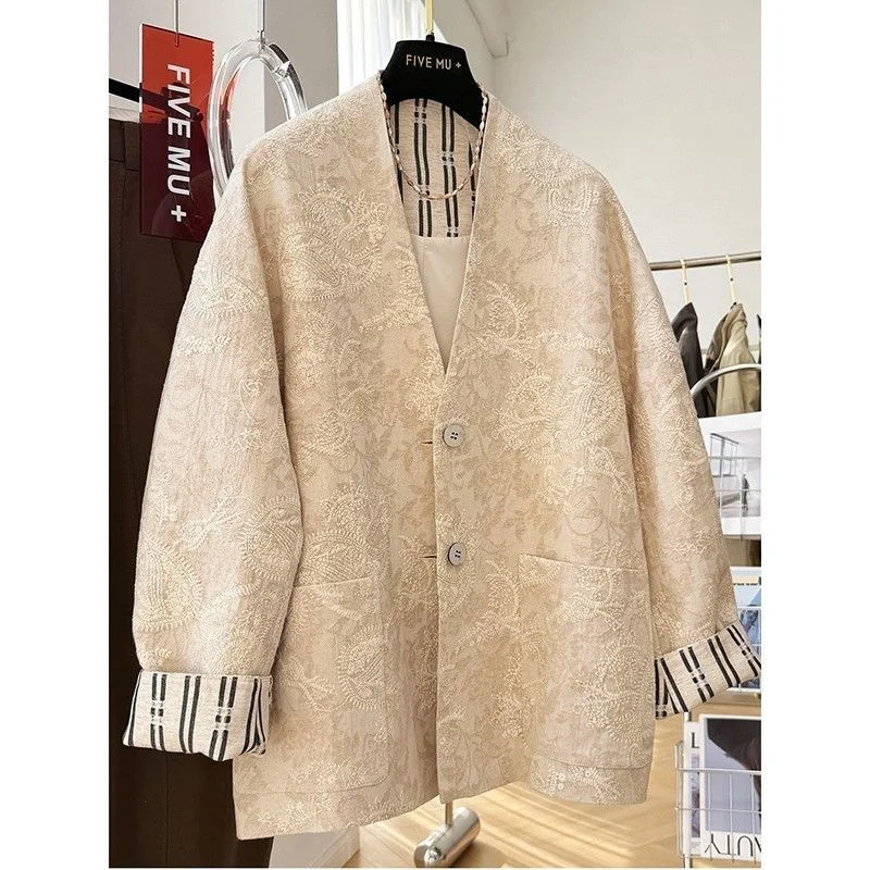 Korean Ins Style Lazy Apricot Colored Suit Jacket Spring New Women's V-neck Silhouette, Versatile Suit Top That Covers The Flesh