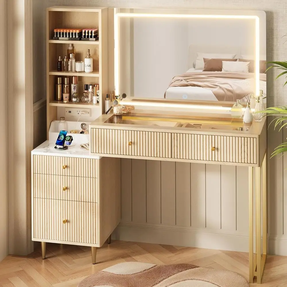 Bureau de maquillage en chêne avec 32 miroirs lumineux, plateau en verre, 3 lumières, design incurvé, 5 tiroirs, ensemble de coiffeuse de chambre moderne