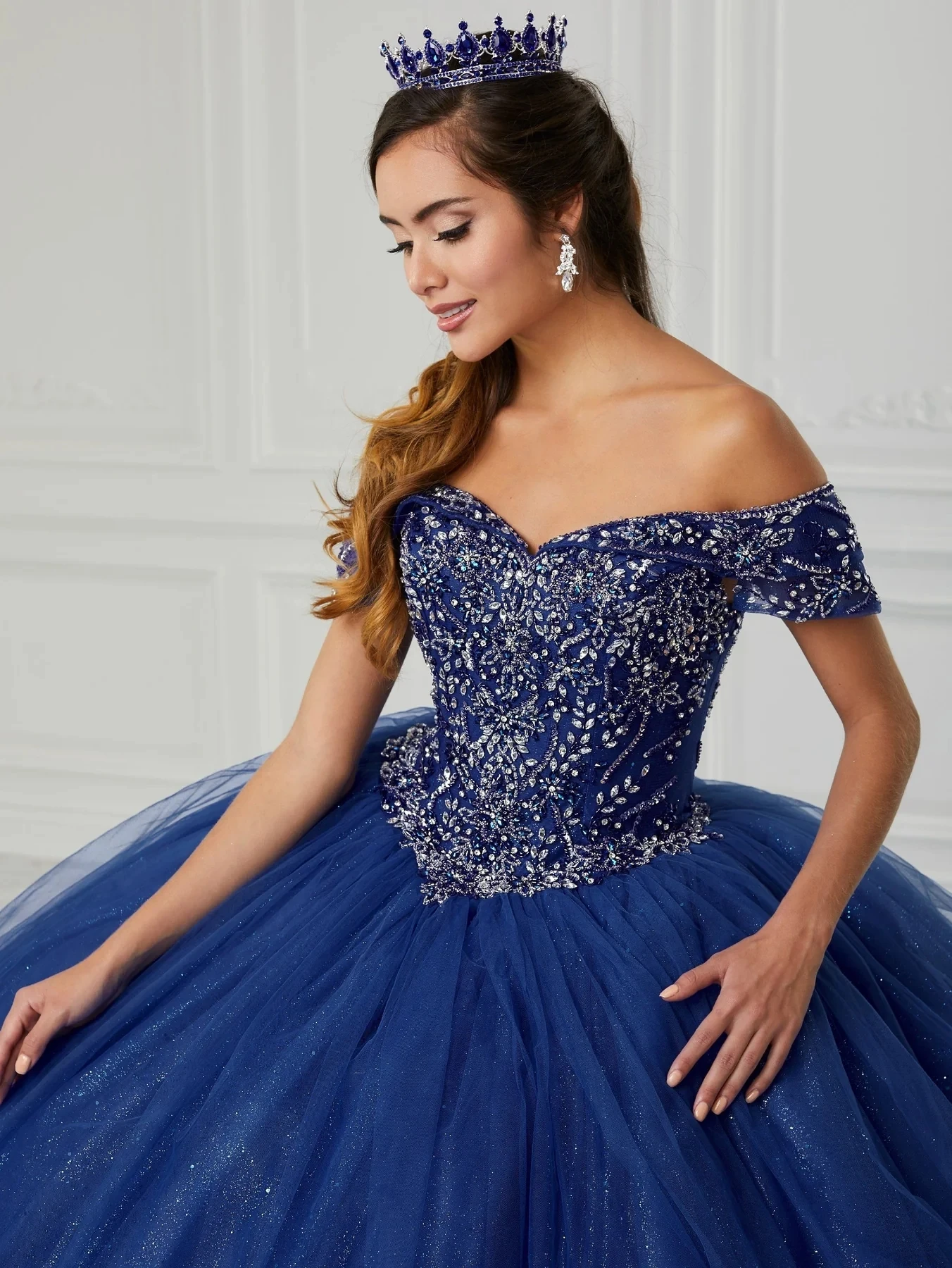 Blue Charro Quinceanera Dresses Ball Gown Off The Shoulder Tulle Beaded Puffy Mexican Sweet 16 Dresses 15 Anos Customized