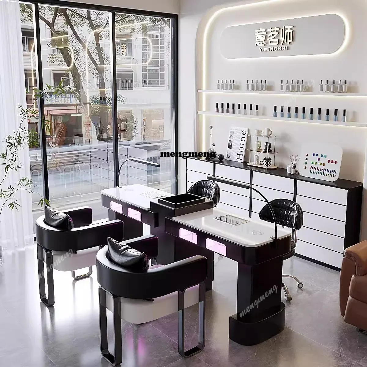 

k153 Современный комплект мебели для салона красоты в стиле лайт-люкс: черный стол для маникюра и наращивания ресниц, кресло и стул