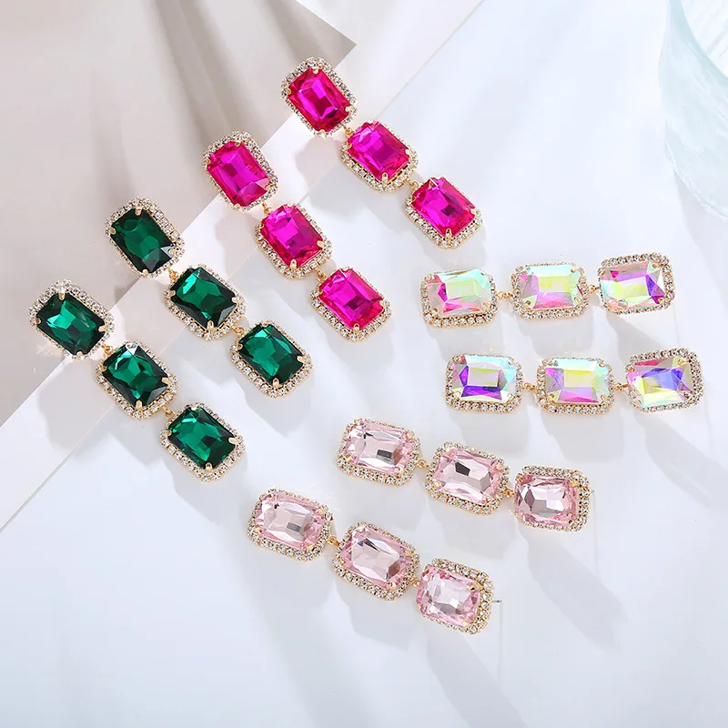 Luxury Fuchsia Green Crystals Long Earrings for Women Party Jewelry