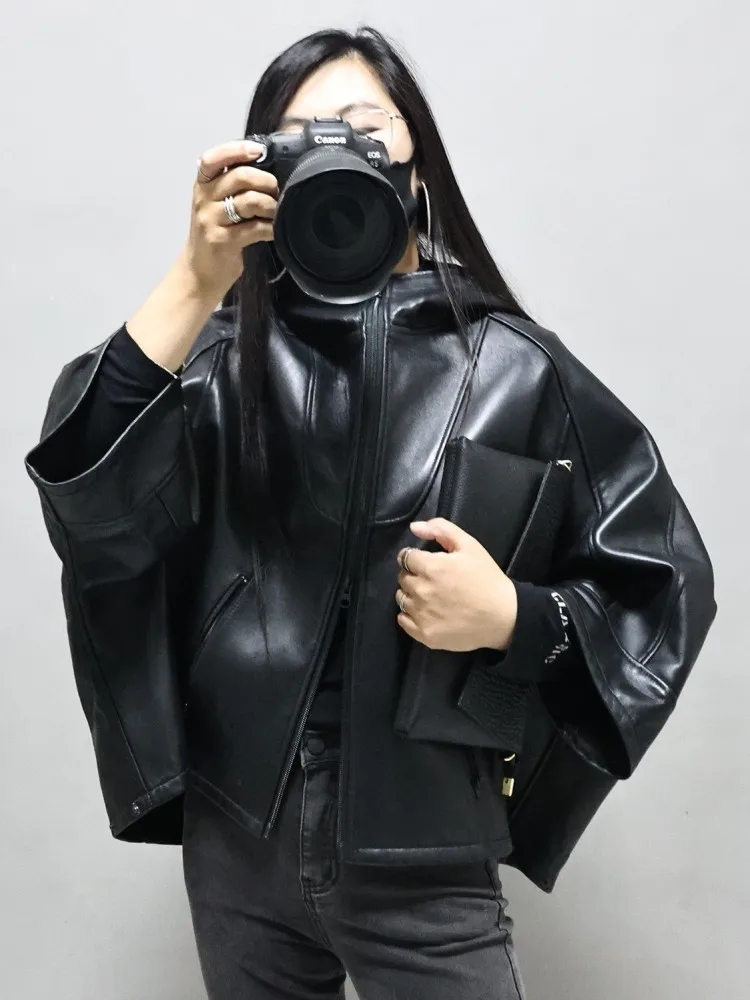 Natural Sheepskin Cape Short Coat Women Loose Fit Batwing Sleeve Casual Genuine Leather Hooded Jacket Female Black Outerwear New