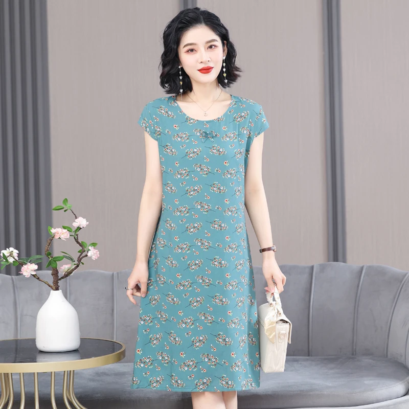 New Summer Dress Floral For Women Printing O-Neck Short Sleeve Casual Loose Vintage Dresses 5XL Vestidos