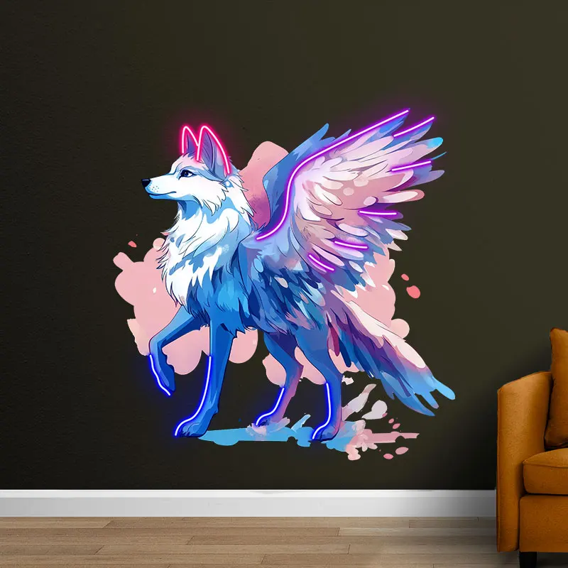 Colorful Winged Fox Neon LED Light - Fantasy Animal LED Lamp, Perfect for Kids Rooms, Unique Night Light, Mystical Home Decor