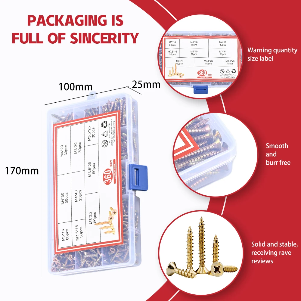 

360pcs M3 M3.5 M4 Flat Head Phillips Screws Zinc Plated Carbon Steel Self-Tapping Screws for Woodworking High Strength and DIY
