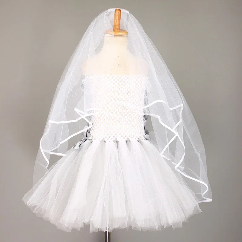 Children Ghost Bride Gothic Style Elegant White Sleeveless Mesh Tutu Dress With Veil Halloween Masquerade Party Role Play Outfit