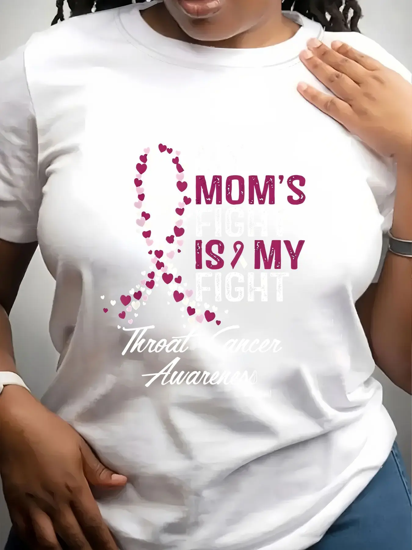 Women's Trendy Crew Neck T-Shirt My Moms Fight Is My Fight Throat Cancer Awareness Suitable for Casual Sportswear