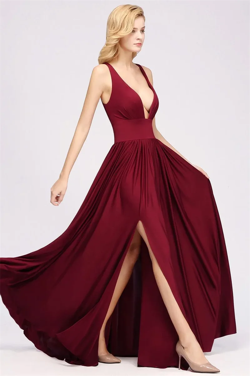 

Simple V-Neck Burgundy Bridesmaid Dresses A Line Backless Sexy Split Prom Evening Dresses Formal Party Gown