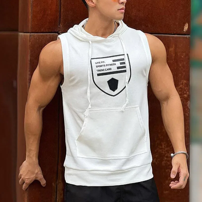 Minimalist Sweatshirts Sleeveless 2024 Summer New Men's Hooded Printed Spliced Pockets Stylish Slim Drawstring Vests Tops