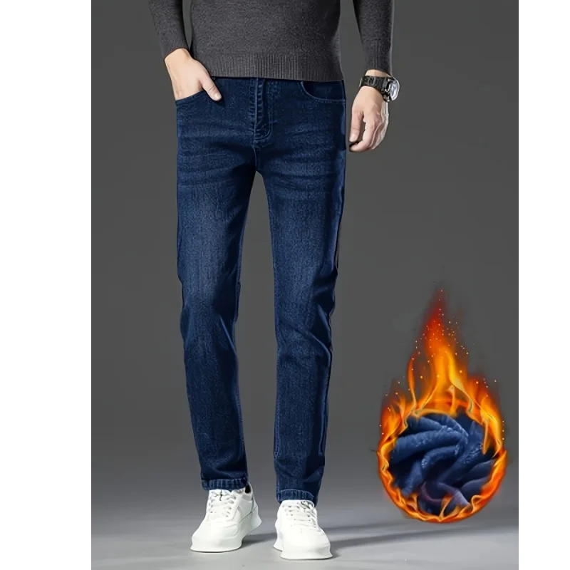 Mens Blue Fleece Lined Slim Fit Skinny Denim Pants Winter Essential Warm Comfortable Long Jeans Trousers