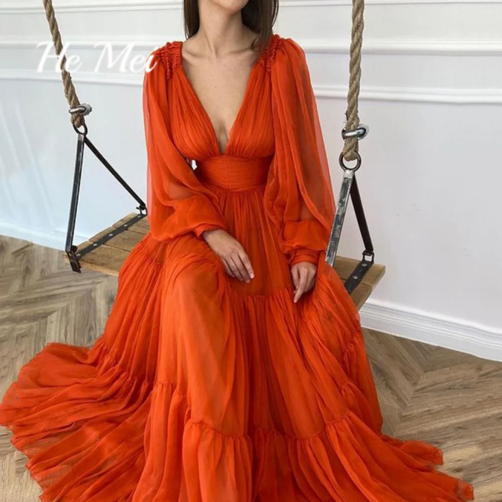 Simple Prom Dress For Women V-Neck Beach Evening Gowns Illusion Lantern Sleeves Floor Length Party Dresses فساتين الحفلات