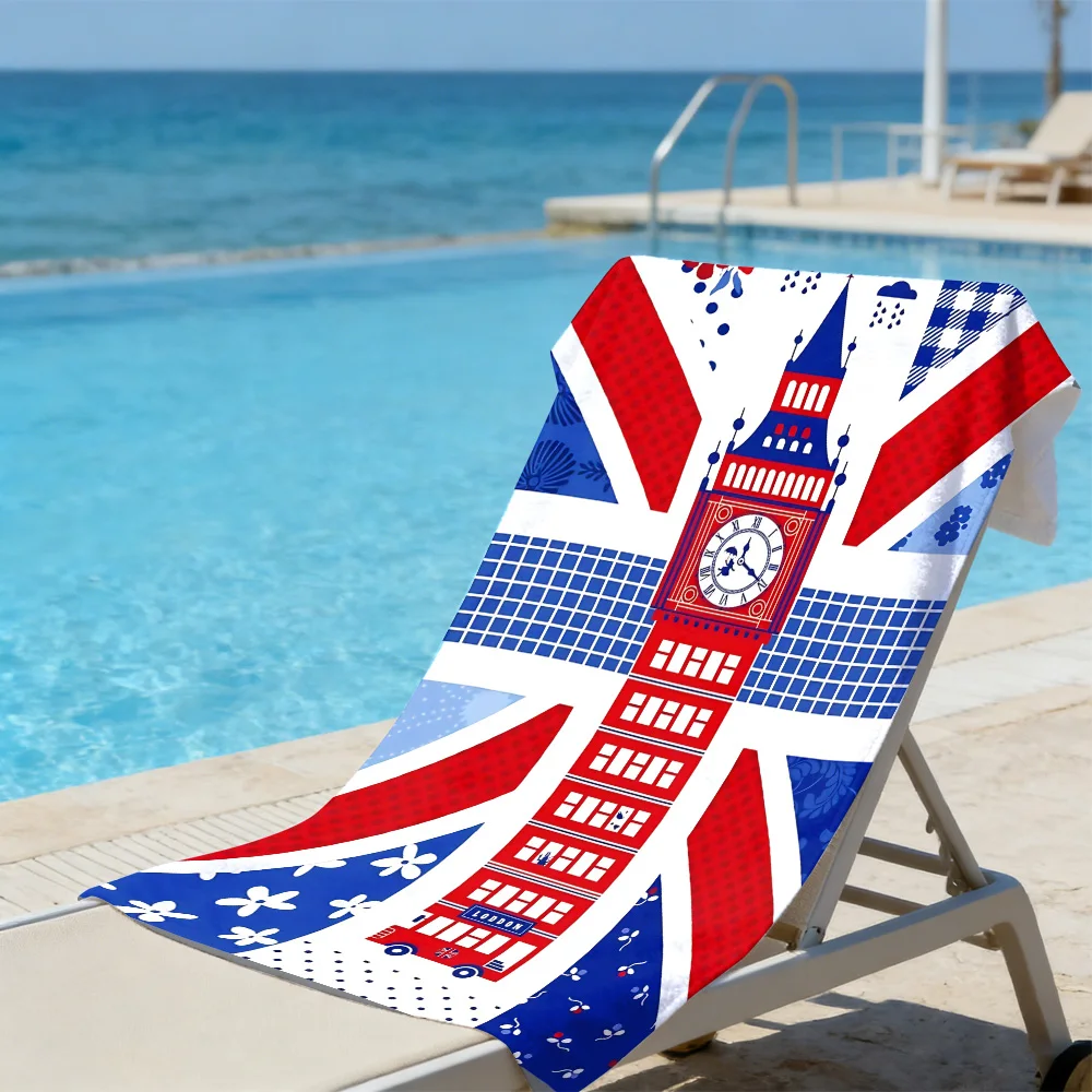 British Charm Beach Towel – Soft Absorbent Microfiber with Big Ben & Red Bus Collage for London Enthusiasts