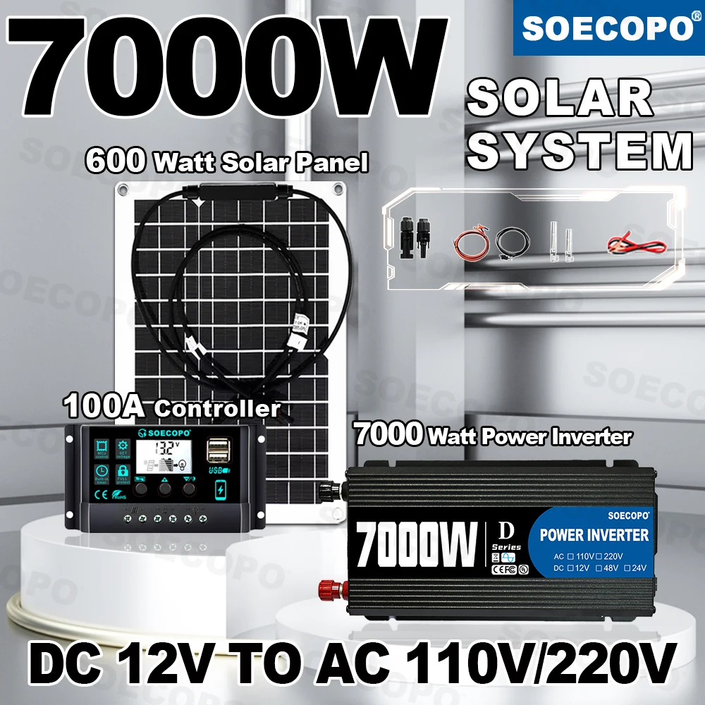 Complete Solar System Kit 7000W Peak Rated 750W Inverter DC 12V To 110V 220V Panel + 100A Controller Home & Outdoor Devices Farm