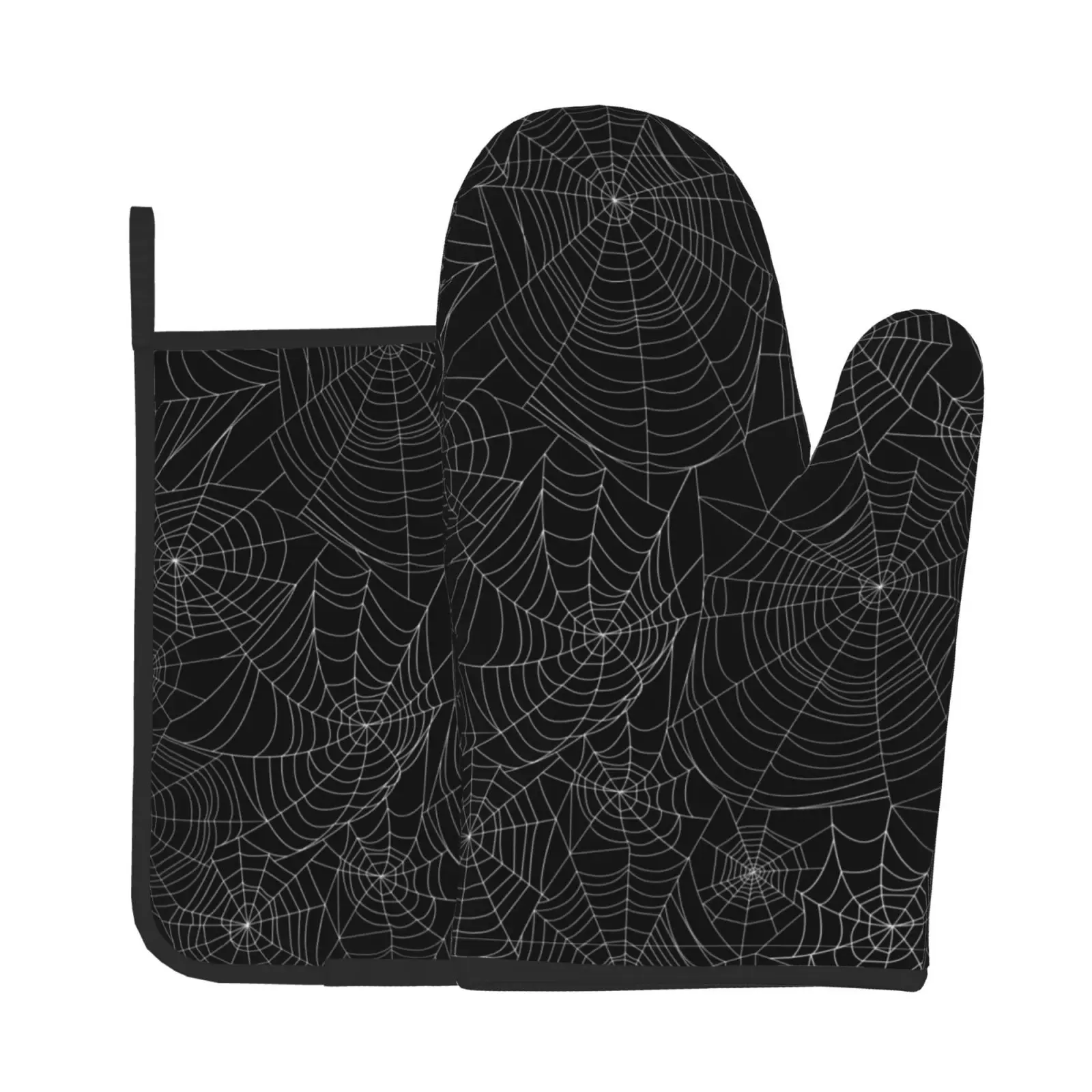 Spider Web Oven Mitts and Pot Holders Sets of 2 Halloween Black and White Grunge Gloves for Kitchen Cooking Baking Grilling