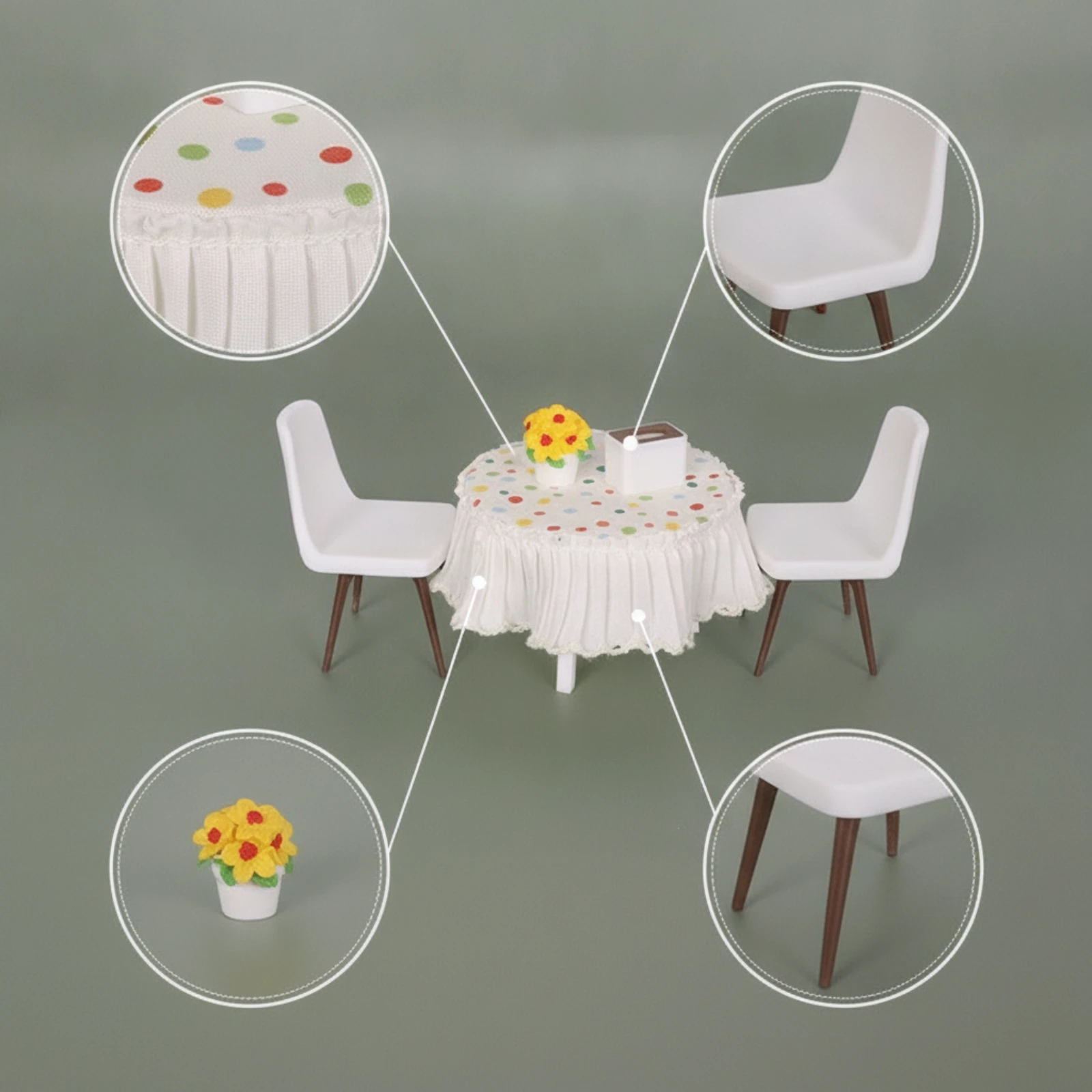 6 Pieces Dollhouse Dining Room Furniture Set Dot-Pattern Dollhouse Table and Chairs Miniature Table with Skirt Tiny