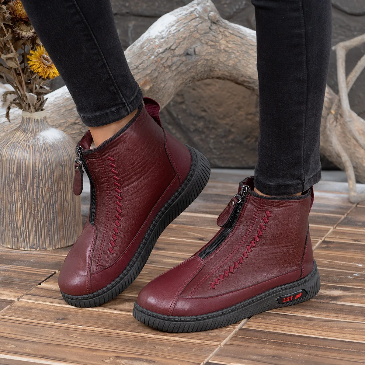 Women's Winter Fleece Lined Ankle Boots Front Zipper Closure Waterproof Leather Warm Booties