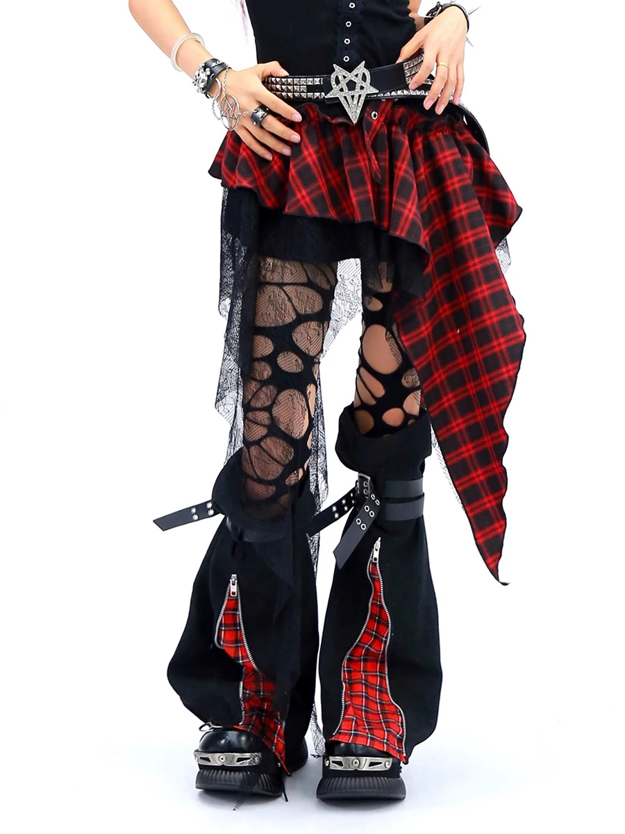 REDDACHiC Two-Way Zipper Leg Warmers Women Rokku Gyaru Black Denim Stitch Plaid Eyelet Belts Boots Cover Gothic Retro Streetwear