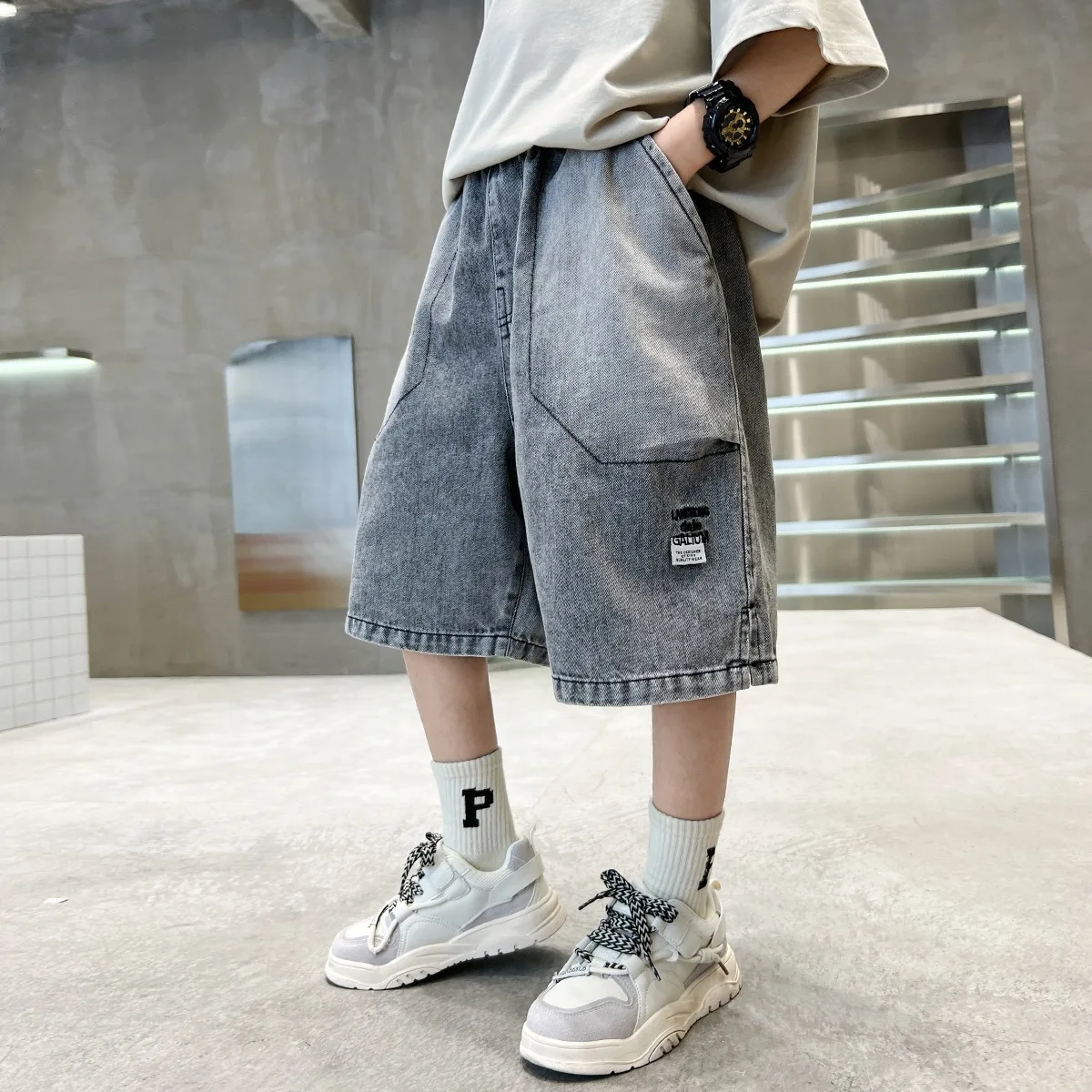 UNITIM Summer Children Boys Shorts Thin Junior Boys Short Jeans 4-14Yrs Kids Boy Sticker Knee Length Pant Young Teens Boy Shorts