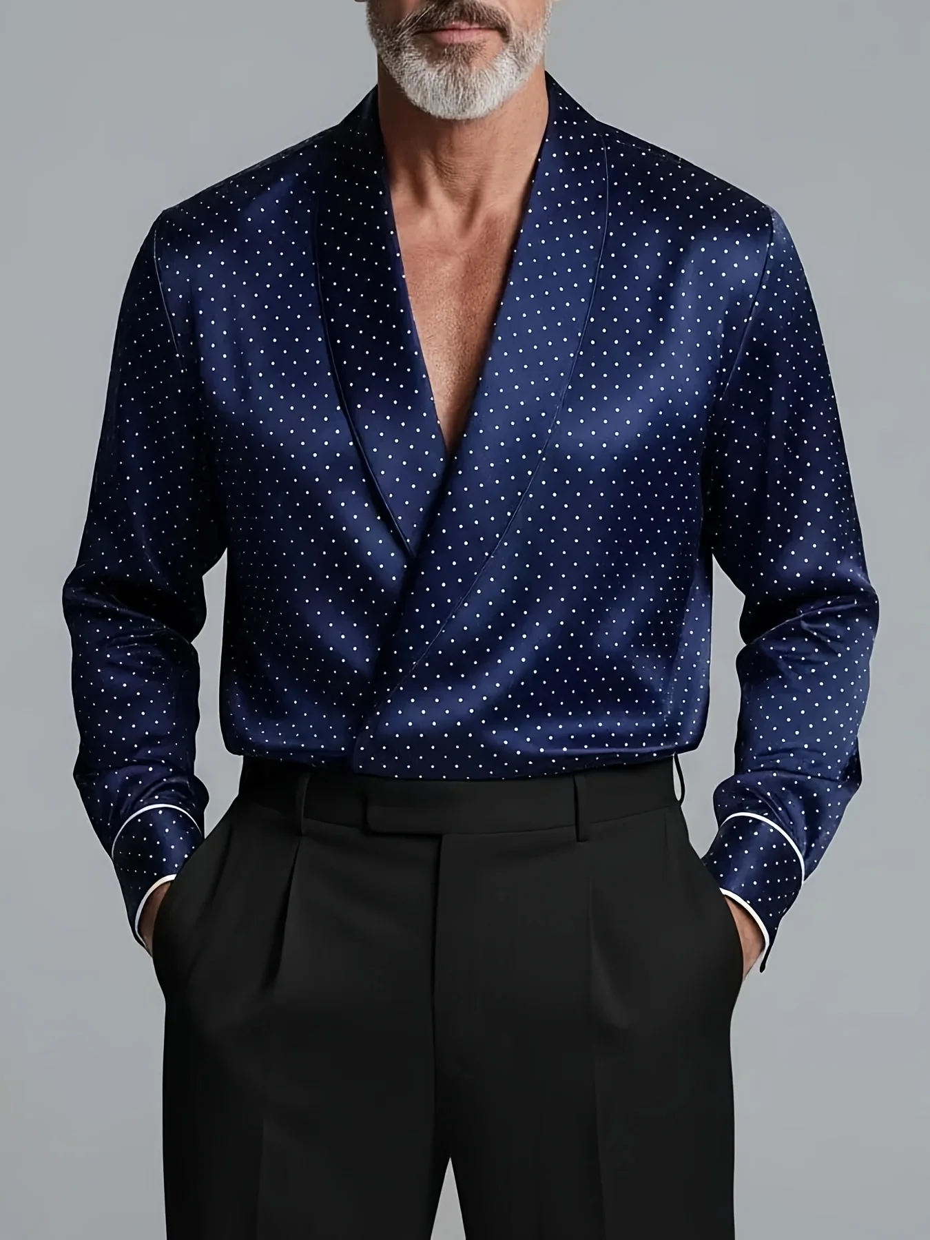 Luxury Satin Polka Dot Shirt for Men Shawl Lapel Wrap V Neck White Trim Cuff Long Sleeve Elegant Wedding Club Formal Dress Tops
