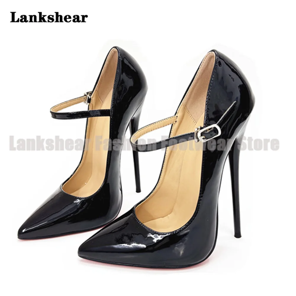 

Black Patent Leather Pointed Toe Pumps Red Ankle Strap Stiletto Heels Women Summer Party Dress Shoe Sandalias De Mujer Verano