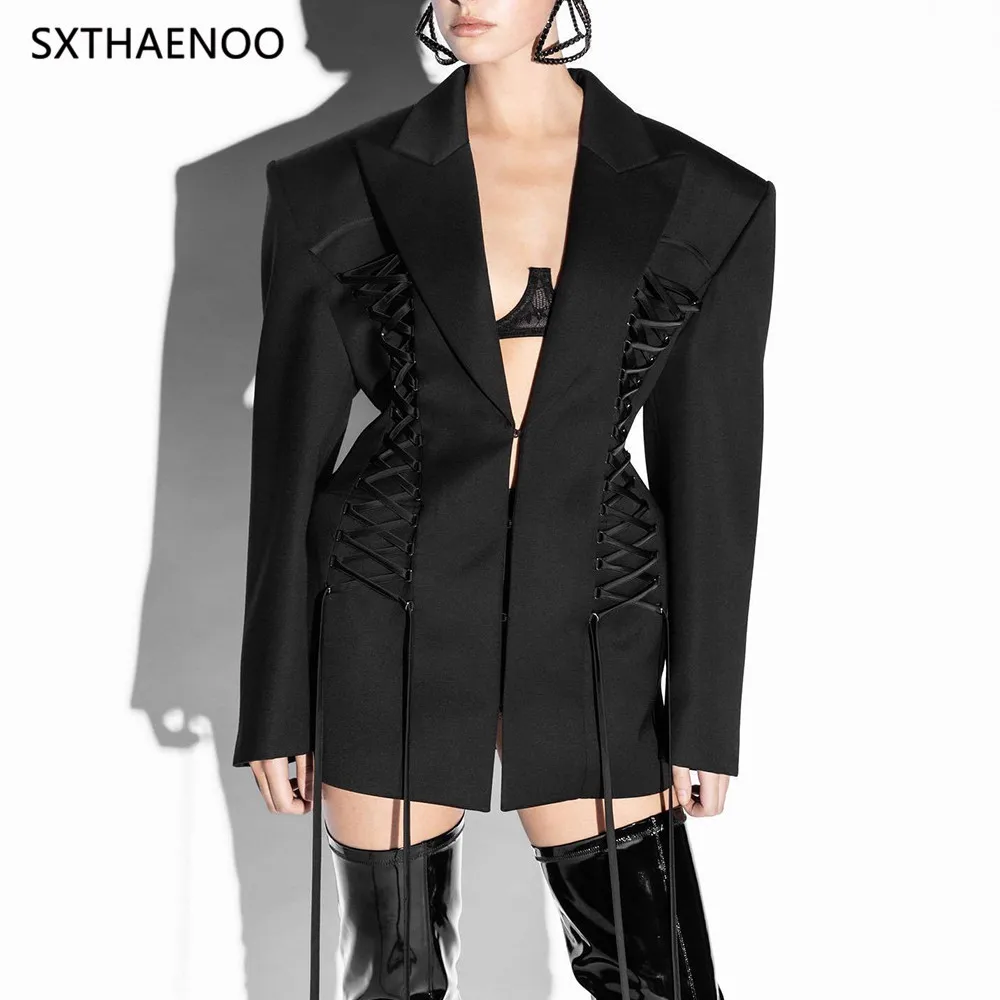 

SXTHAENOO однотонный лоскутный шикарный пиджак на шнуровке для женщин, темпераментный пиджак с зубчатым воротником и длинными рукавами, женская мода 2025