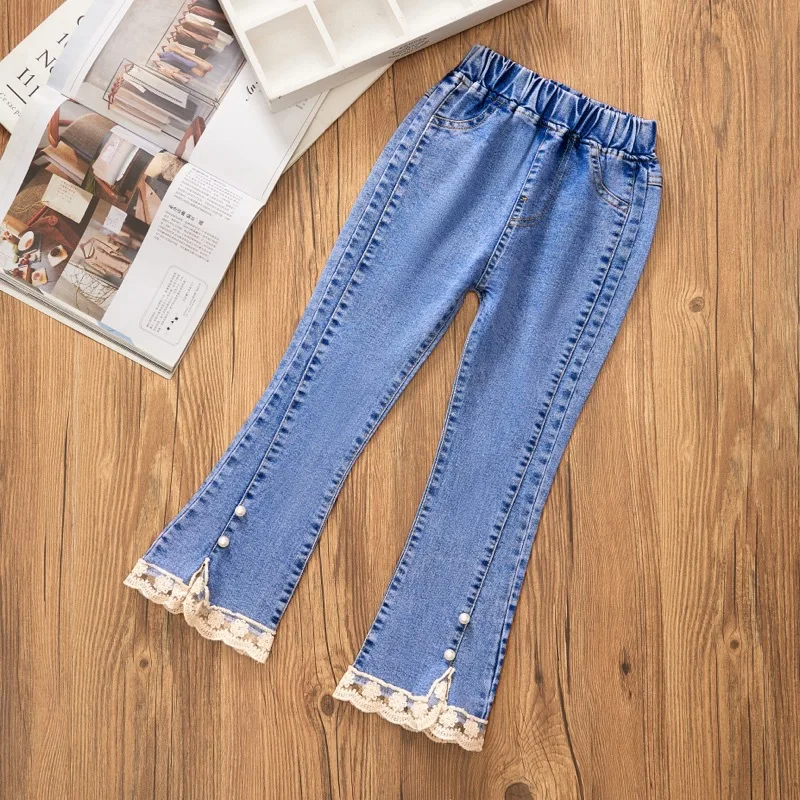 for 1-12 Years Girls Denim Pants Satin Lace Loose Wide-Legged Trousers Casual Flared Legs Britches Full Season Children\'s Wear