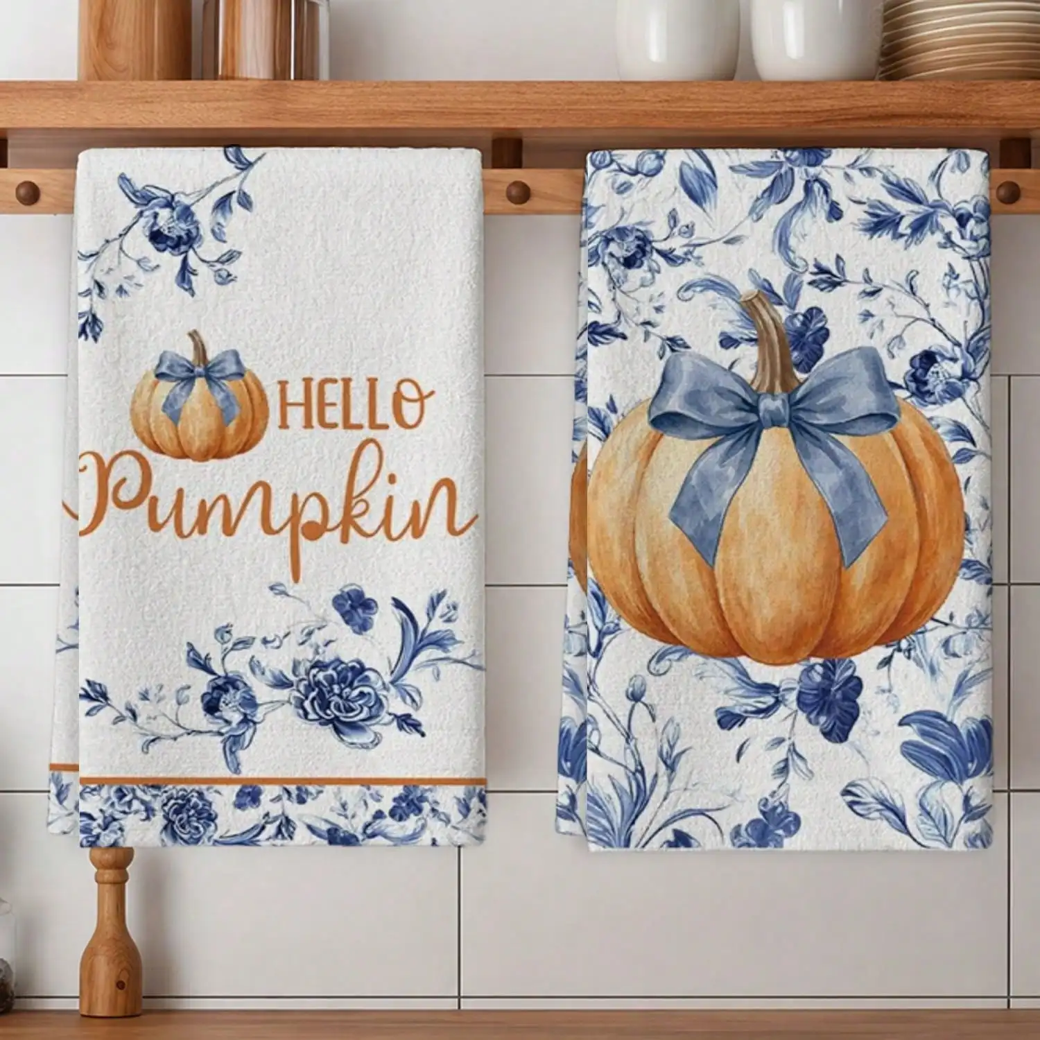 2pcs Blue & White Porcelain Floral Pumpkin Hand Towels & Scouring Pads Suitable For Kitchen Cleaning, Dish Drying, Multi- Microfiber Cloths With Orange Pumpkin & Blue Bow Design, Absorbent Forkitchen Towel Set,Fall Kitchen Towels,Fall Kitchen Decor,